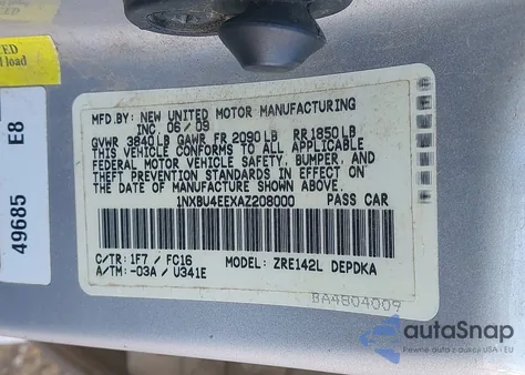 2010 Toyota Corolla Le z USA, uszkodzony, nr VIN 1NXBU4EEXAZ208000